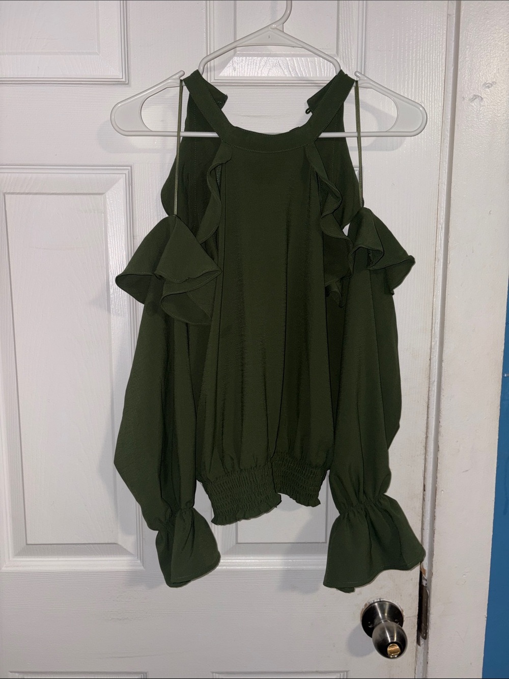 Jealous Tomato Olive Green Cold-Shoulder Ruffle Peasant Blouse